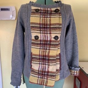 Wool Anthropologie Sweater with Plaid Front and Buttons XL